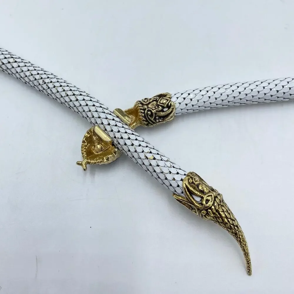 Vintage DL Auld Snake Head White Metal Mesh Adjustable Choker Necklace Or Belt